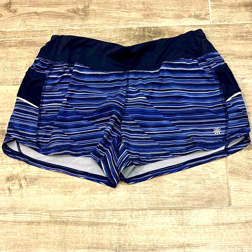 Athleta Shorts Women’s Medium Blue Striped ready set go Running Liner 4” Inseam